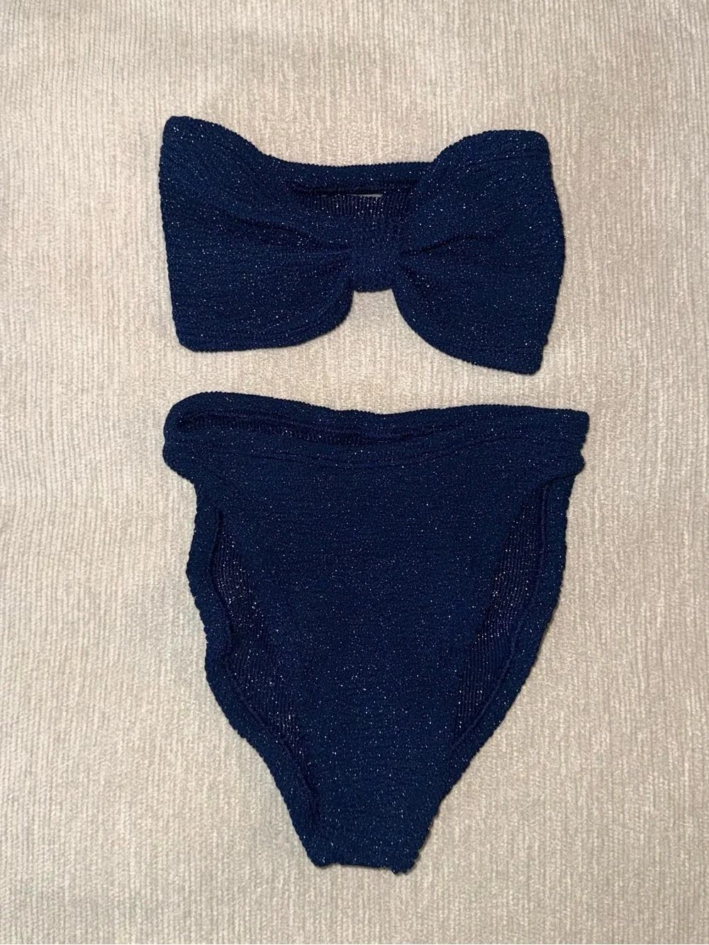 Hunza G Bikini Set Navy Blue Silver Lurex Jean Ruby Crinkle Strapless Bandeau